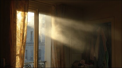 Sunlight streams through a window, illuminating dust motes in a room with yellow curtains