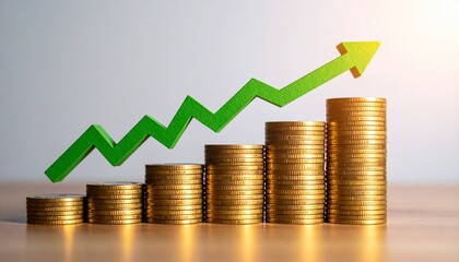 Ascending gold coin stacks with green arrow on gray background