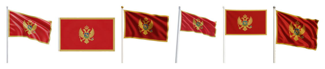 Montenegro flag set including waving and static variations isolated. National symbols and international representation.