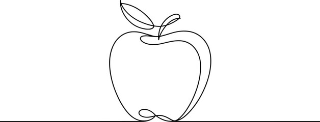 Single line drawing of an apple with a leaf fruit stem