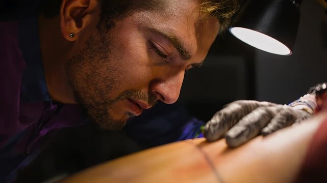 Focused Tattoo Artist Applying Ink to Client's Skin