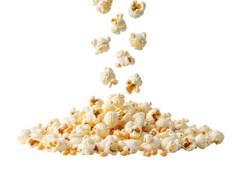 Fresh popcorn falling into a pile isolated on transparent background