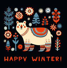Cute Christmas Polar Bear with Folk Ornaments, Cozy Scandinavian Holiday Illustration. Folk Art Polar Bear, Happy Winter Greeting Card in Nordic Style. Flat Folk Art Vector