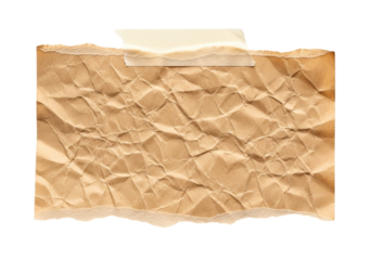 Crushed brown paper with torn edges and tape isolated on transparent background