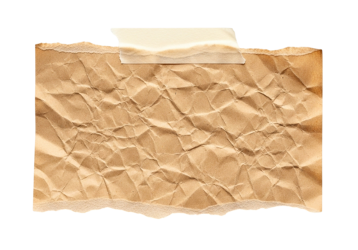 Crushed brown paper with torn edges and tape isolated on transparent background