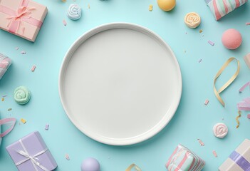 Pastel-toned flat lay with gifts, candies, and confetti around a blank white plate