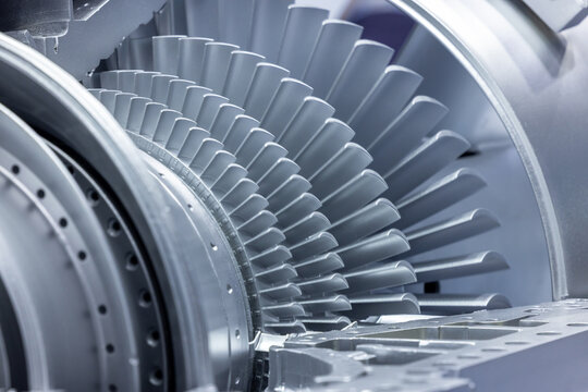 Gas turbine engine with turbine blades, Industrial gas turbine engine, Steel blades of turbine propeller industrial additive technology,