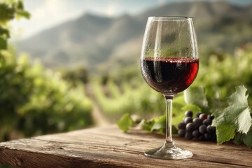 Red wine in a glass on a rustic table, vineyard and mountains beyond.