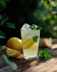 A glass of homemade lemonade with ice cubes and fresh mint leaves placed on a rustic wooden picnic table