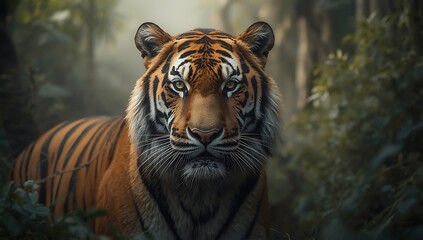 Tiger standing on a rock in the zoo surrounded by nature and wildlife