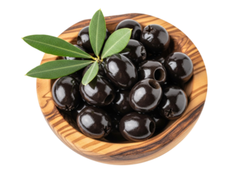 Bowl of black olives with leaves isolated on transparent background