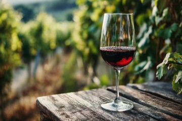 Glass of vibrant red wine on rustic table, blurred vineyard backdrop.
