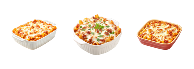 Delicious baked pasta dishes with melted cheese and meat sauce in baking dishes, isolated on black PNG set, transparent background