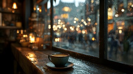 Warm coffee cup on rustic wooden table by rainy café window with glowing evening lights