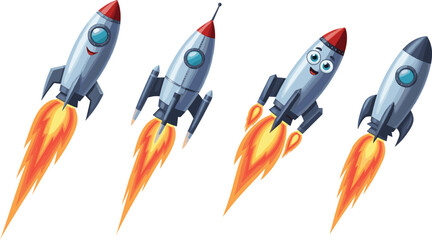 Cartoon rocket ships launching with fire trail, vector illustration of cute space rockets, colorful spaceship clipart for kids, isolated on white © LITON