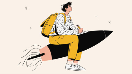 Creative back to school illustration — student with backpack riding rocket as education and future success concept