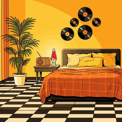 Nostalgic illustration of a vintage bedroom interior in warm orange and yellow tones with retro decor