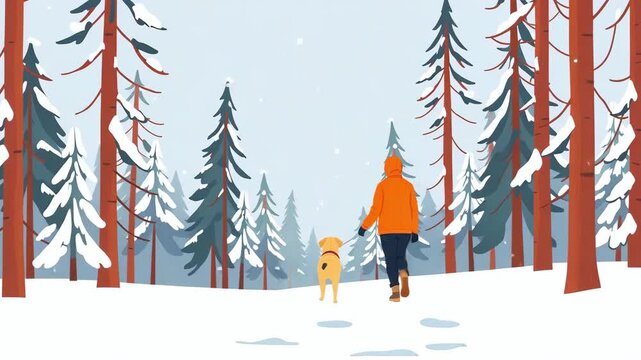 Woman in orange jacket walking in snow with her dog. Walking with pet in winter forest, cartoon vector style