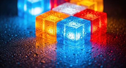 Colorful glowing ice cubes on a wet surface