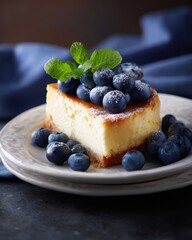 A creamy cheesecake topped with fresh blueberries and dusted lightly with powdered sugar on a white ceramic plate