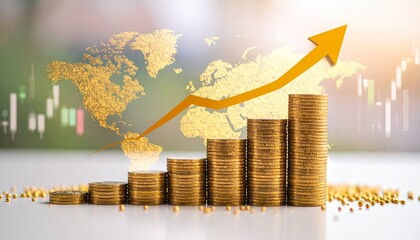 Ascending stacks of gold coins with upward arrow and global financial charts