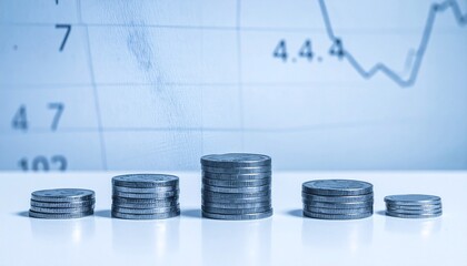 Stacked coins with financial chart in background
