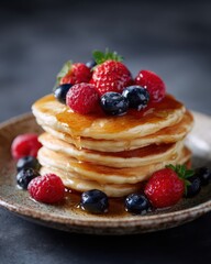A stack of pancakes topped with fresh berries and syrup on a rustic plate