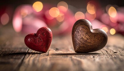 Two wooden hearts on a rustic table with bokeh lights