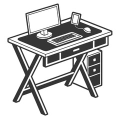 A simple clean and modern isometric illustration of a computer desk with a monitor keyboard mouse and a small frame perfect for office or home workspace concepts