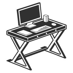 A minimalist black and white isometric illustration of a modern desk setup featuring a computer monitor keyboard mouse and papers on a stylish x shaped leg desk