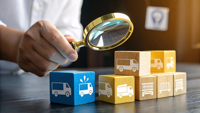 Logistics and Supply Chain Management Concept &ndash; Magnifying Glass Inspecting Delivery Truck Icons on Wooden Blocks