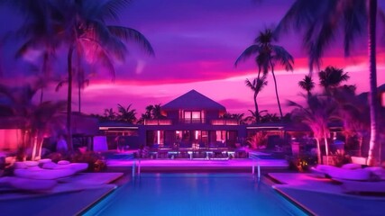 Tropical villa at dusk infinity pool glow - Powered by Adobe