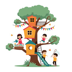 Fototapeta premium Children playing and having fun in a colorful treehouse with a slide and butterflies
