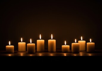 Assorted candles burning on dark background for peaceful ambiance -  