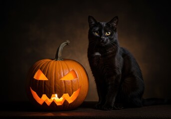 Black cat sitting beside carved pumpkin with glowing face for Halloween  