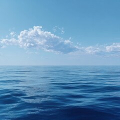 Obraz premium Calm expanse of a vast ocean meeting a clear blue sky. Soft, gentle waves on the water's surface. Fluffy white clouds lazily drift across the cerulean sky. Horizon is clearly defined