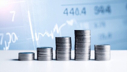Stacked coins with financial chart in background