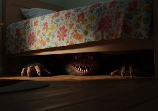 Monster lurking under bed in dimly lit bedroom atmosphere  