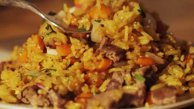 Authentic Chinese and Asian fried rice with egg and vegetables in wok top view on rustic concrete table background. Traditional dish of China with space for text