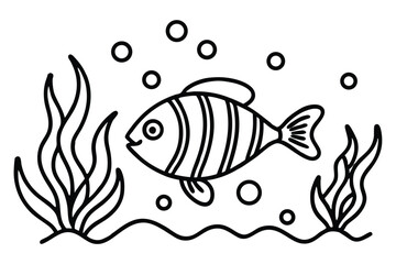 Line Art Illustration Cartoon Fish Swimming Near Seaweed and Bubbles, Simple Design