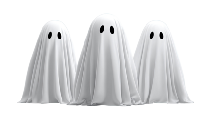 Three ghost Halloween nights spooky haunted spirits scary holiday celebration dark horror creepy costume season isolated on white background