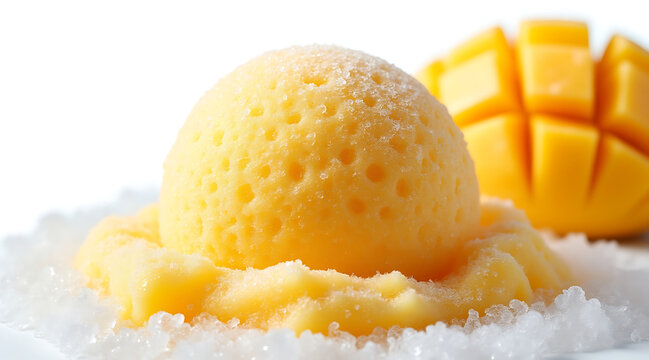 Frozen mango sorbet scoop on crushed ice with fresh mango slice in background, refreshing tropical dessert with vibrant color and texture