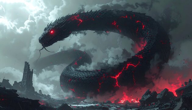 Fiery volcanic serpent : fantasy creature colossal eye dominate ruined