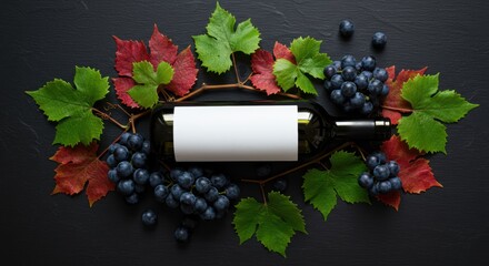 Elegant wine bottle mockup with blank label surrounded by grapes and autumn leaves on a dark slate background offering customizable branding