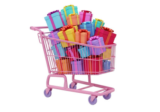 Pink shopping cart filled with colorful gift boxes isolated on transparent background