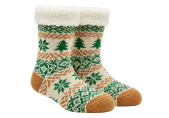 Cozy christmas socks with festive pattern isolated on transparent background