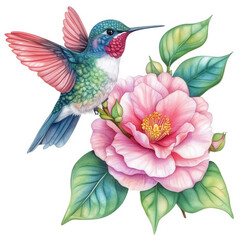 Obraz premium Hummingbird with pink wings near a pink camellia flower, isolated on transparent background