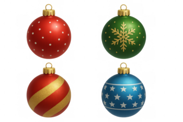 Four christmas ornaments hanging with transparent background