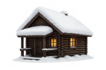 Cozy wooden cabin covered in snow with glowing windows on transparent background
