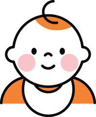 Fototapeta premium Cartoon illustration of smiling baby in orange outfit with white bib, childcare and parenting concept, vector art, flat design, minimal style